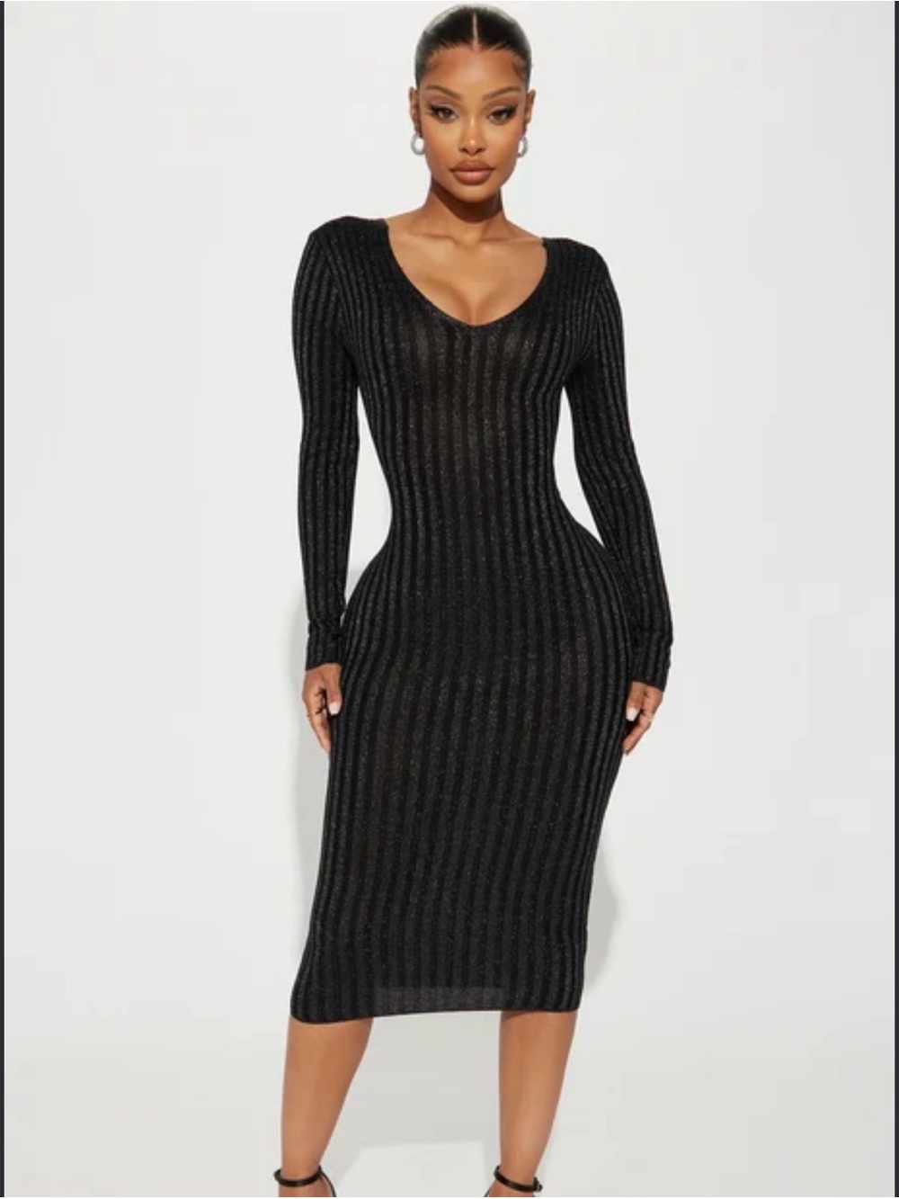 Fashion Nova Black shimmer Ribbed Long Sleeve Midi Bodycon Dress sweater L